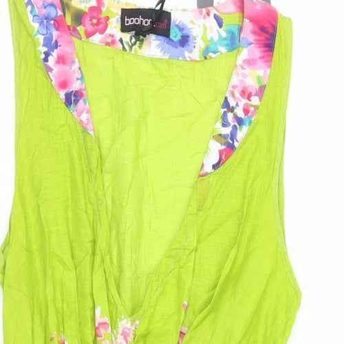 Boohoo Womens Green Floral Cotton Mini Size 12 V-Neck Pullover - Elasticated Waist