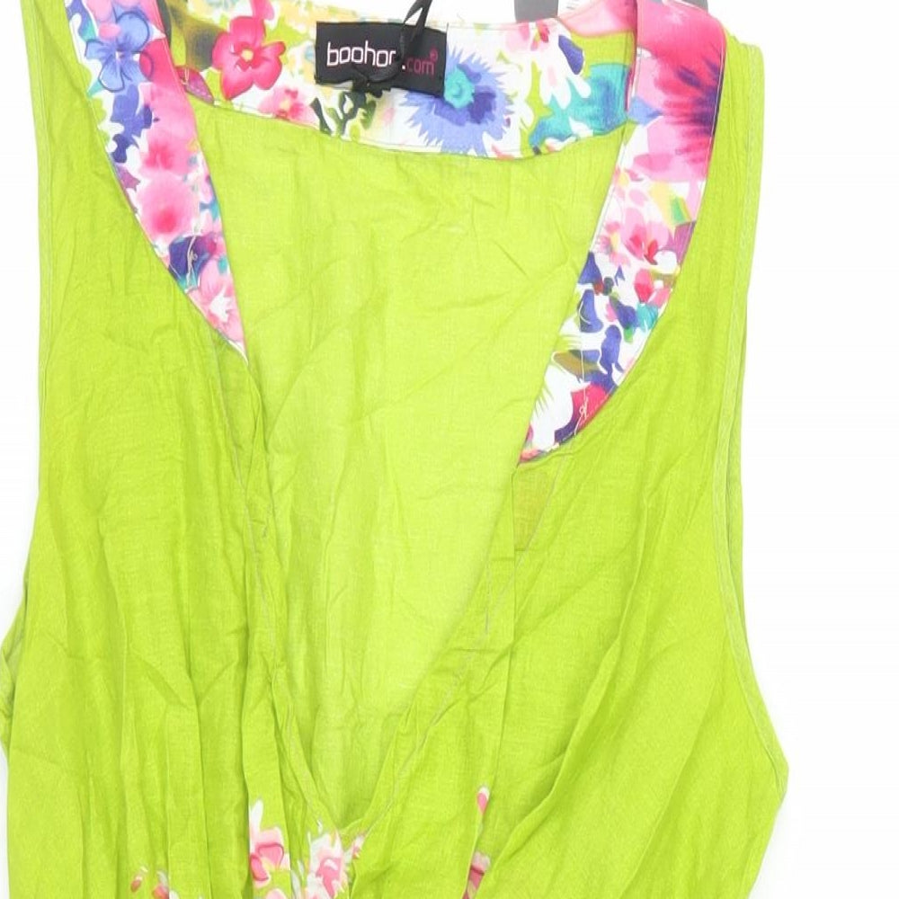 Boohoo Womens Green Floral Cotton Mini Size 12 V-Neck Pullover - Elasticated Waist