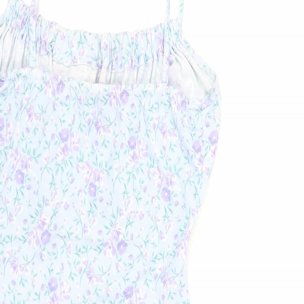 Pink Vanilla Womens Blue Floral Polyester Mini Size 6 Scoop Neck Pullover - Ruffle