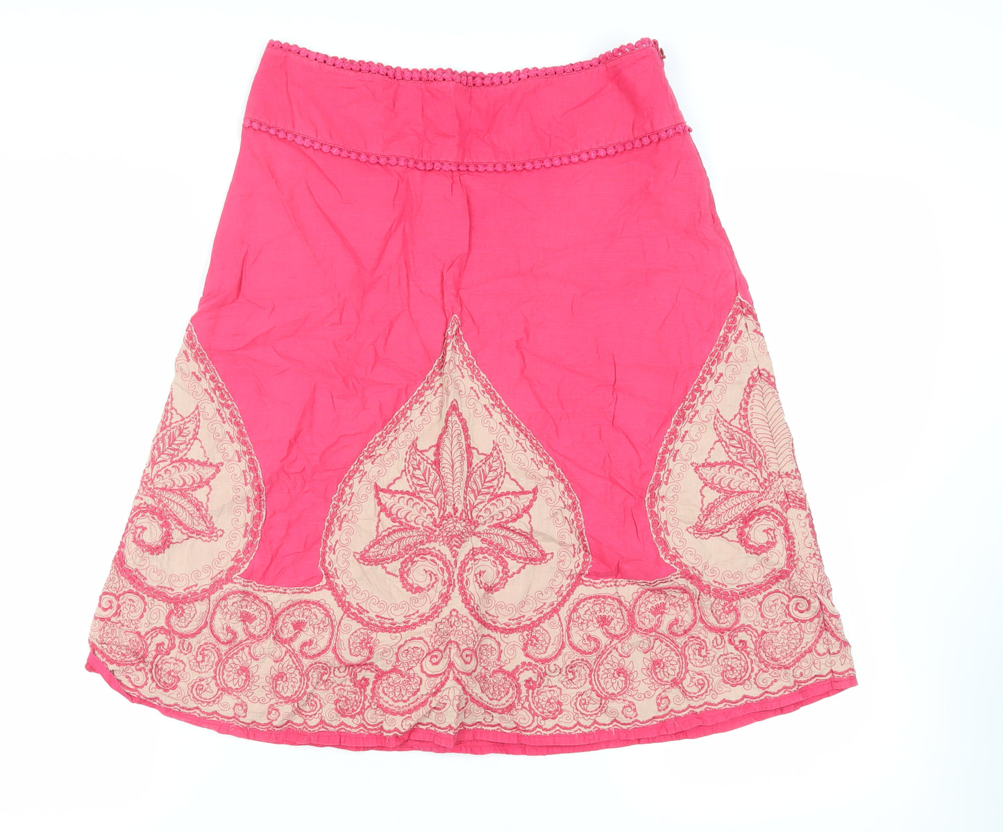 Monsoon Womens Pink Paisley Cotton A-Line Skirt Size 10 Zip - Embroidered