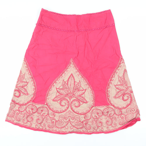 Monsoon Womens Pink Paisley Cotton A-Line Skirt Size 10 Zip - Embroidered