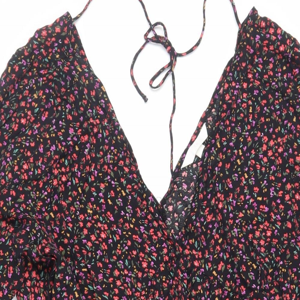 H&M Womens Black Floral Viscose Trapeze & Swing Size M V-Neck Tie