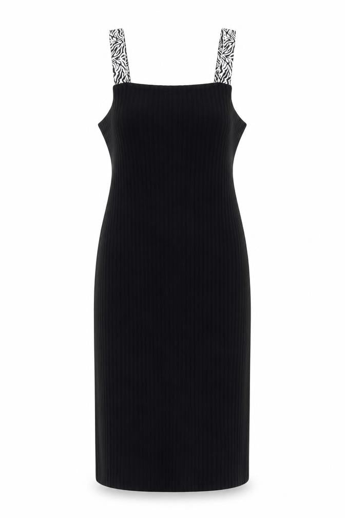 Front view of River Island women’s black houndstooth polyester pencil dress, size UK 12, square neck