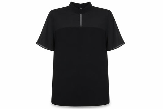 Front view of ASOS women’s black houndstooth polyester shift, size UK 20, round neck button