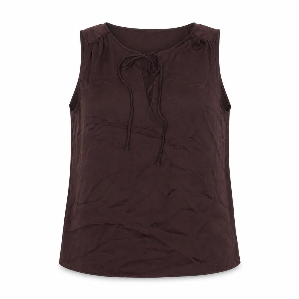 Front view of H&M women’s brown polyester tunic blouse, size S, boat neck