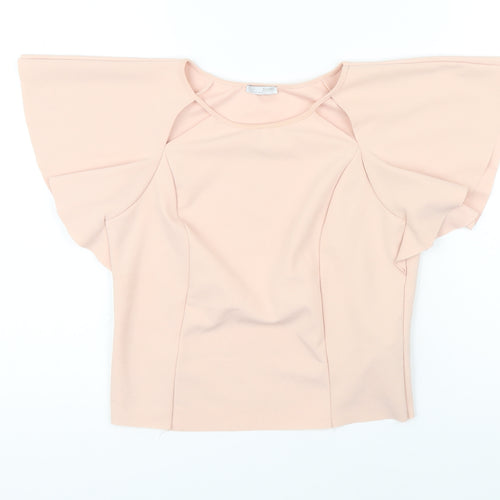Zara Womens Pink Herringbone Polyester Blend Cropped Blouse Size M Round Neck
