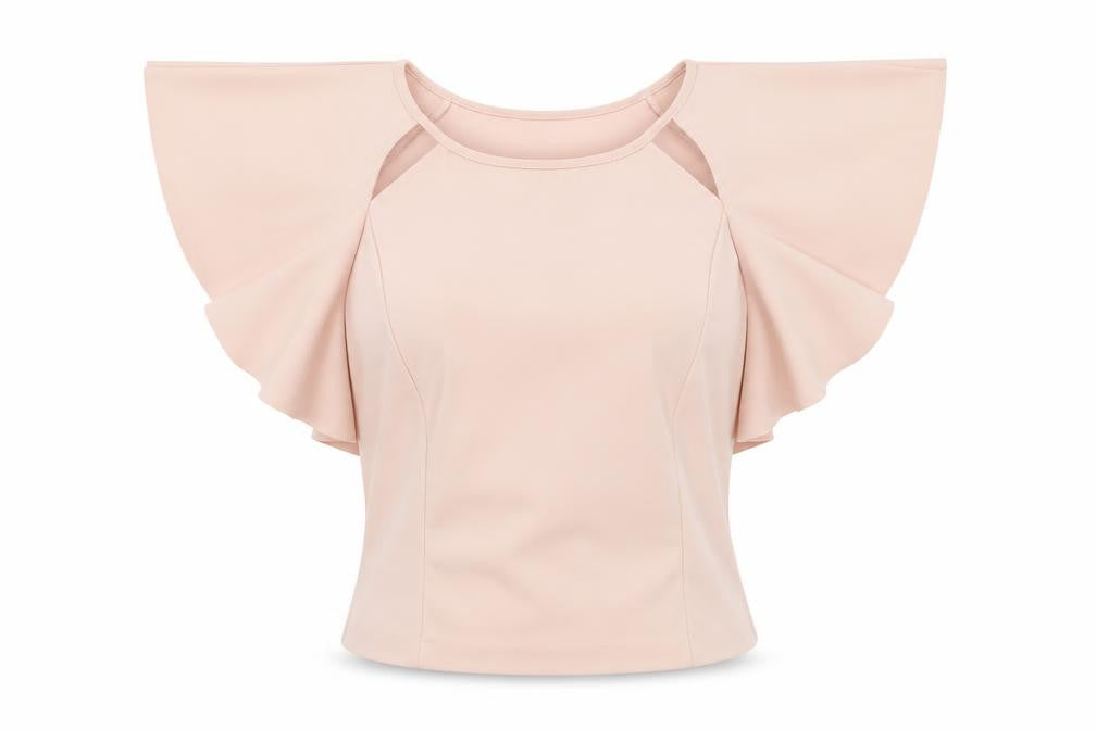 Front view of Zara women’s pink herringbone polyester blend cropped blouse, size M, round neck