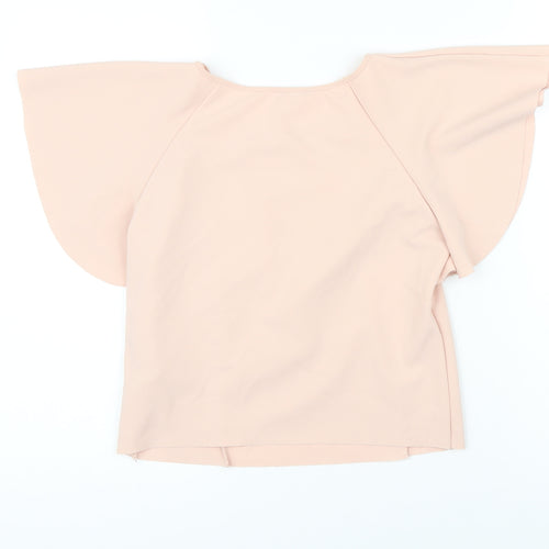 Zara Womens Pink Herringbone Polyester Blend Cropped Blouse Size M Round Neck