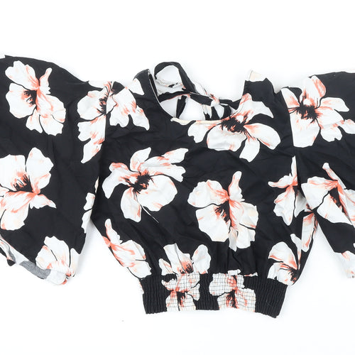 River Island Womens Black Floral 100% Cotton Cropped Blouse Size 8 Scoop Neck