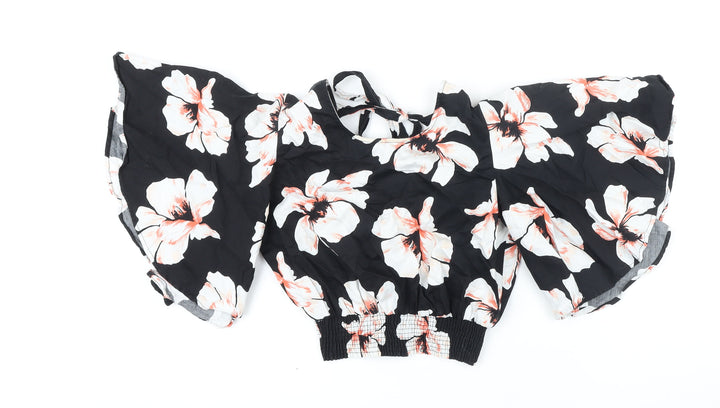 River Island Womens Black Floral 100% Cotton Cropped Blouse Size 8 Scoop Neck