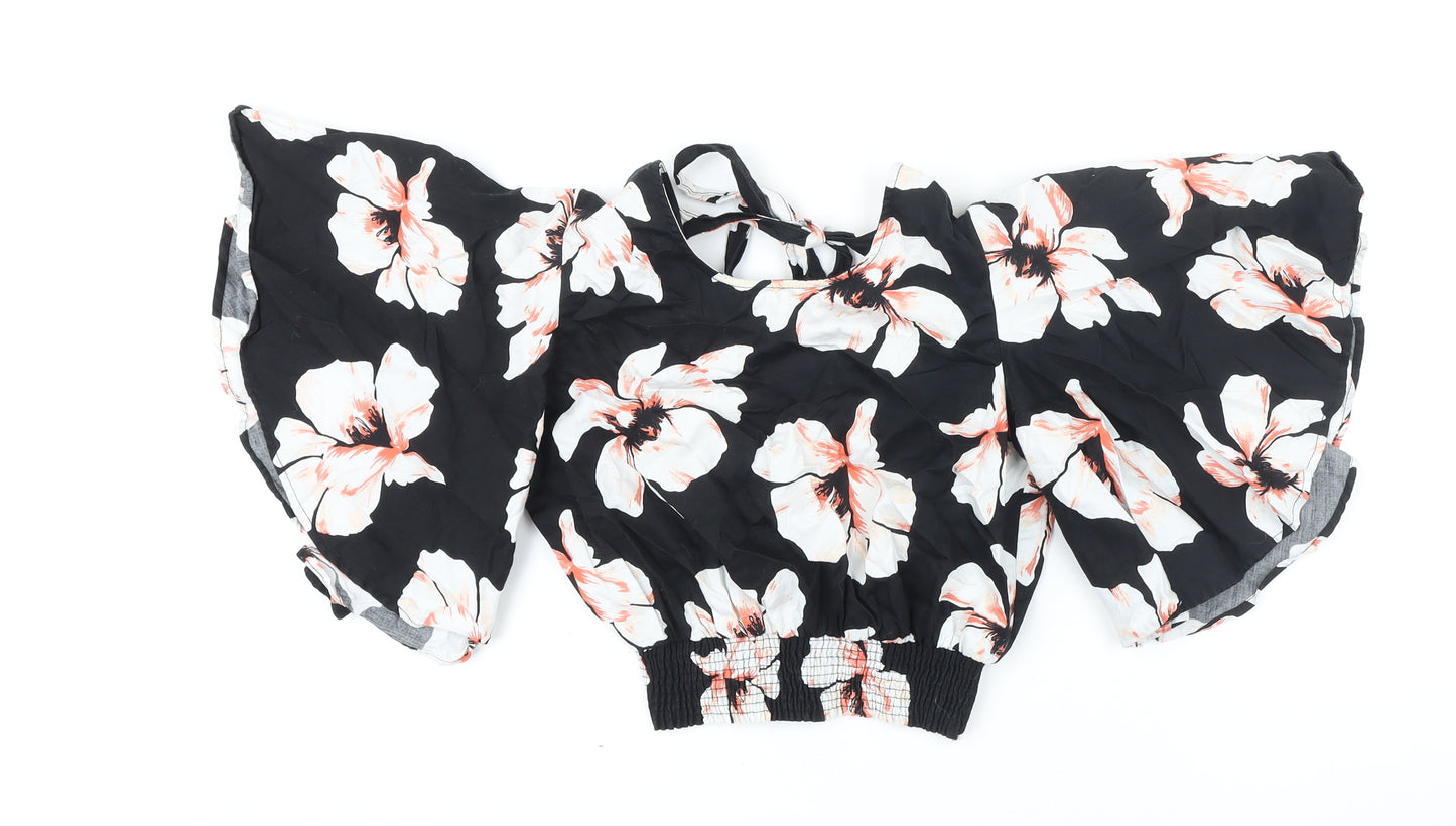 River Island Womens Black Floral 100% Cotton Cropped Blouse Size 8 Scoop Neck