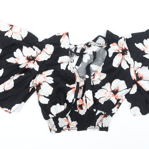 River Island Womens Black Floral 100% Cotton Cropped Blouse Size 8 Scoop Neck
