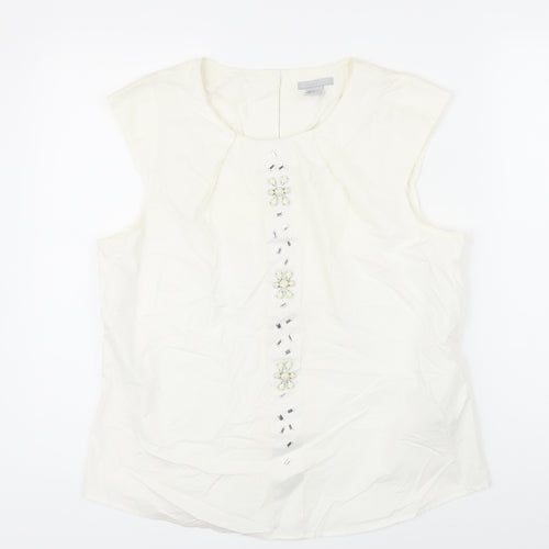 H&M Womens Ivory 100% Cotton Tunic Blouse Size 42 Scoop Neck - Beaded Detail