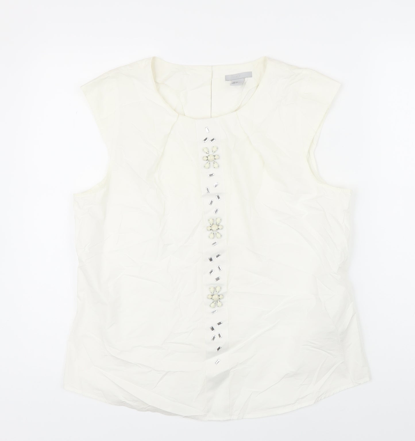 H&M Womens Ivory 100% Cotton Tunic Blouse Size 42 Scoop Neck - Beaded Detail