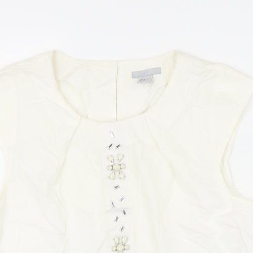 H&M Womens Ivory 100% Cotton Tunic Blouse Size 42 Scoop Neck - Beaded Detail