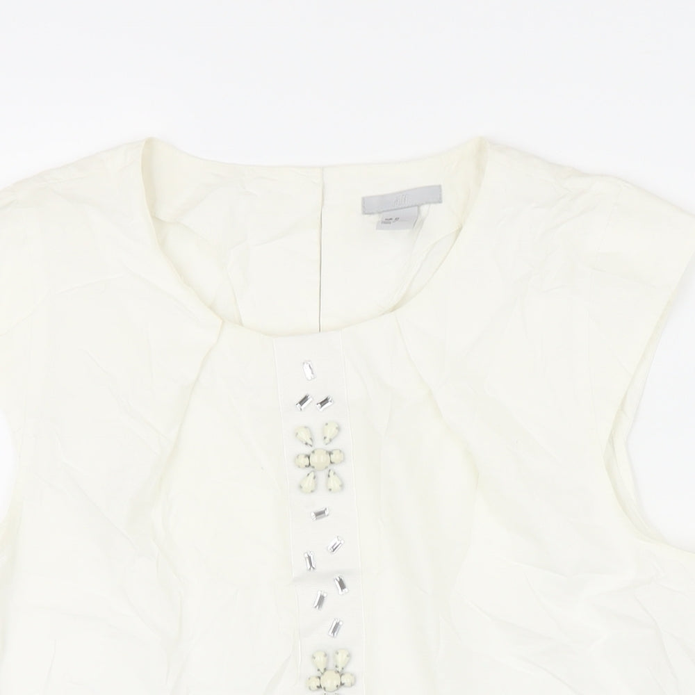 H&M Womens Ivory 100% Cotton Tunic Blouse Size 42 Scoop Neck - Beaded Detail