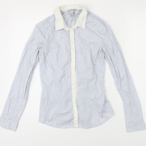 H&M Womens Blue Striped Polyamide Basic Blouse Size 8 Collared