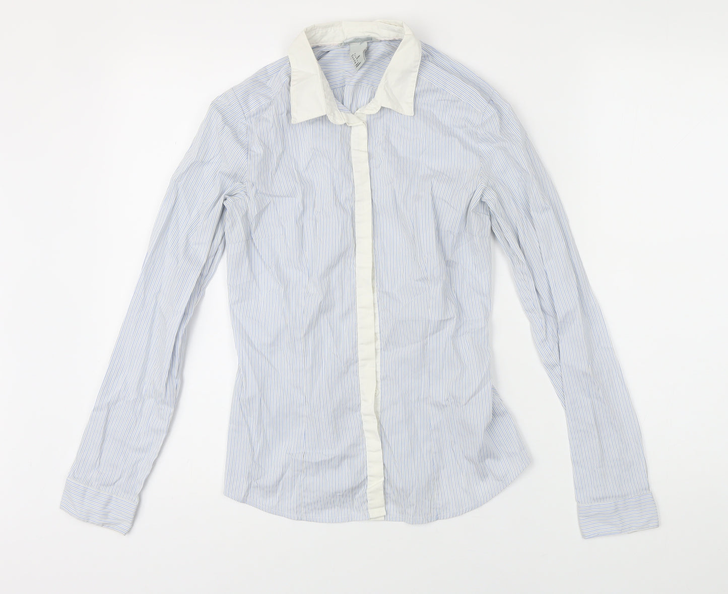 H&M Womens Blue Striped Polyamide Basic Blouse Size 8 Collared