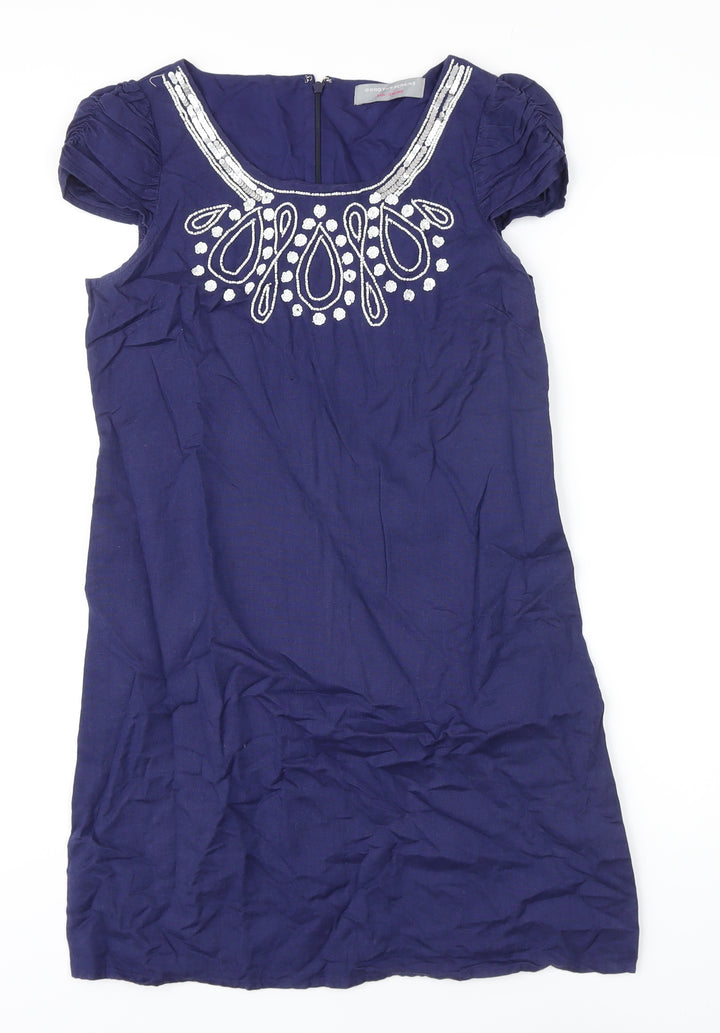 Dorothy Perkins Womens Blue Linen Sheath Size 6 Scoop Neck Zip - Beaded Detail