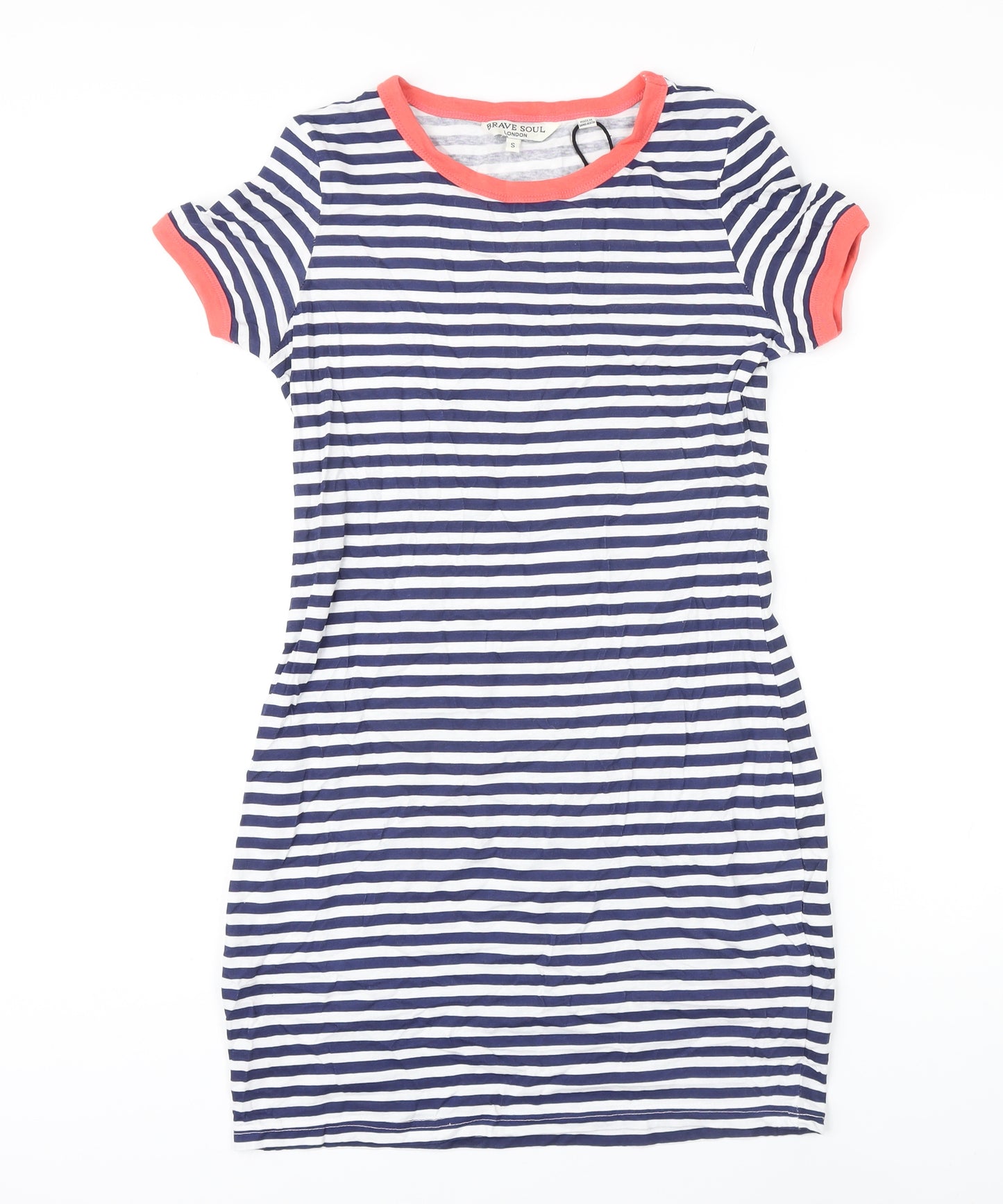 Brave Soul Womens Blue Striped 100% Cotton T-Shirt Dress Size S Boat Neck