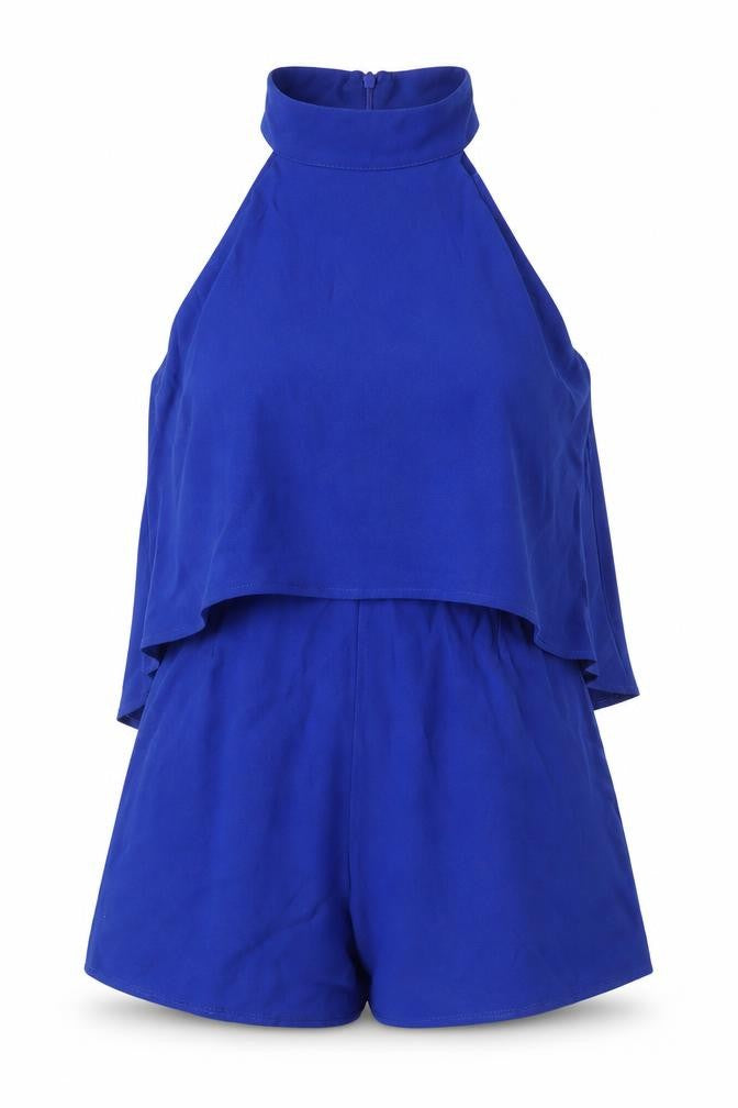 Front view of INFLUENCE women’s blue polyester playsuit one-piece, size UK 12, zip