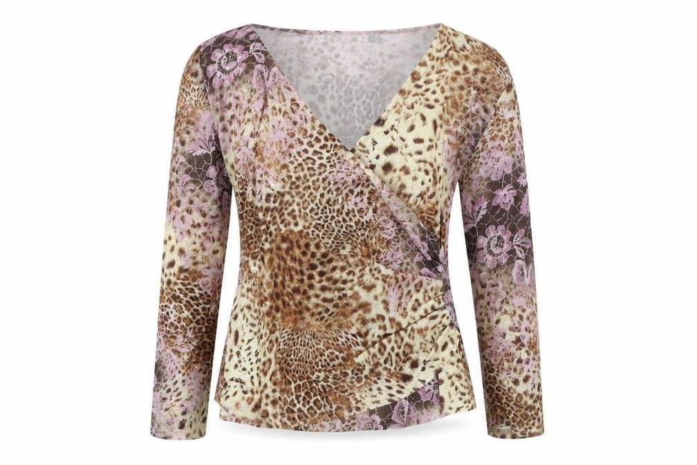 Front view of Reflections women’s multicoloured animal print polyester tunic blouse, size M, v-neck