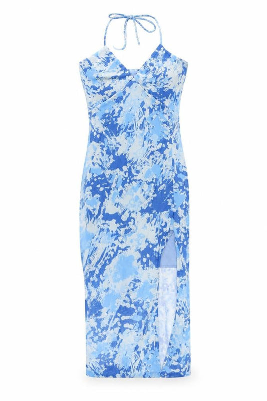 Front view of Fashion Nova women’s blue geometric polyester pencil dress, size XS, halter