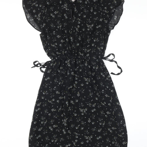 H&M Womens Black Floral Polyester Blend Mini Size 6 V-Neck