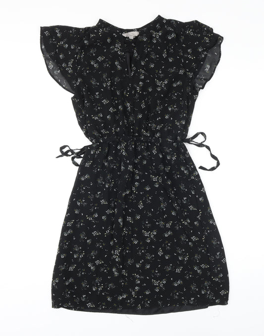 H&M Womens Black Floral Polyester Blend Mini Size 6 V-Neck