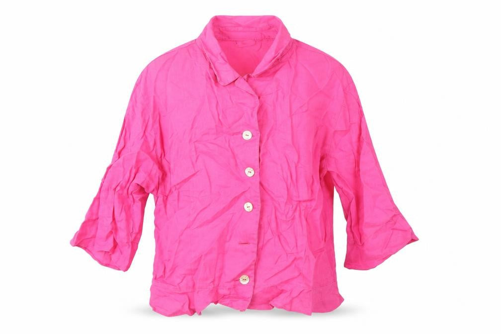 Front view of Tru Sunshine women’s pink linen basic blouse, size UK 12, collared - shoulder pads