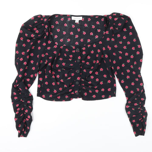 Topshop Womens Black Floral Viscose Cropped Blouse Size 10 Round Neck