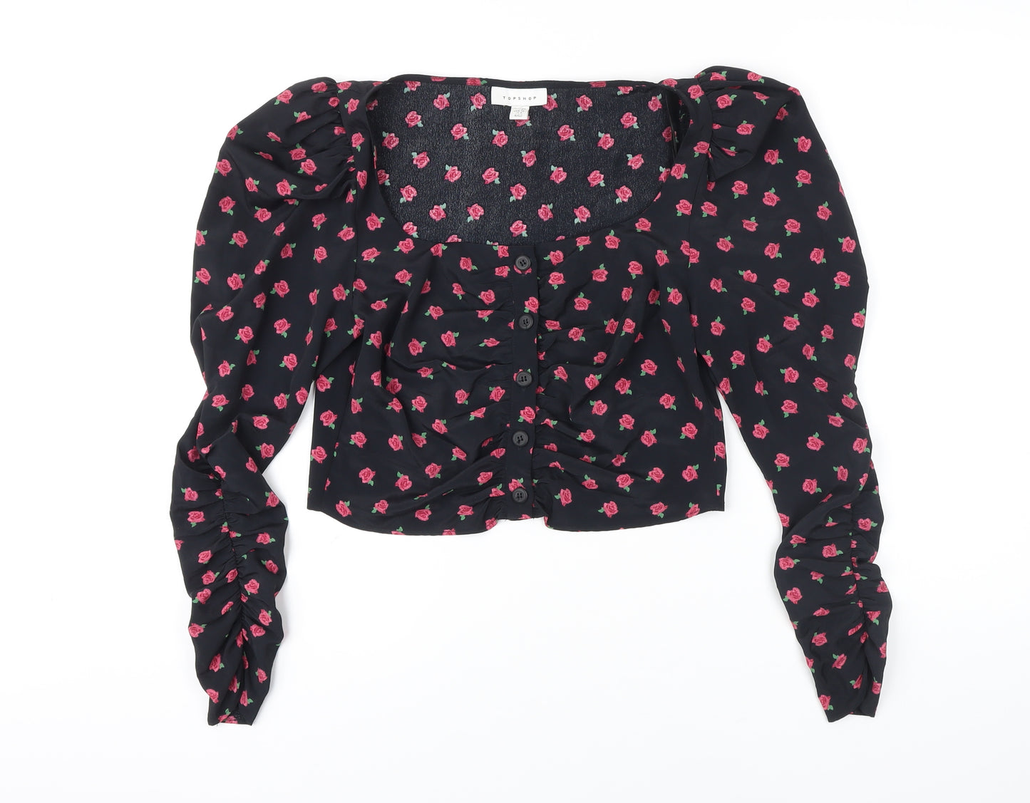 Topshop Womens Black Floral Viscose Cropped Blouse Size 10 Round Neck