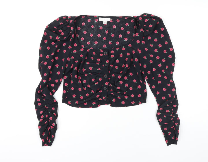 Topshop Womens Black Floral Viscose Cropped Blouse Size 10 Round Neck