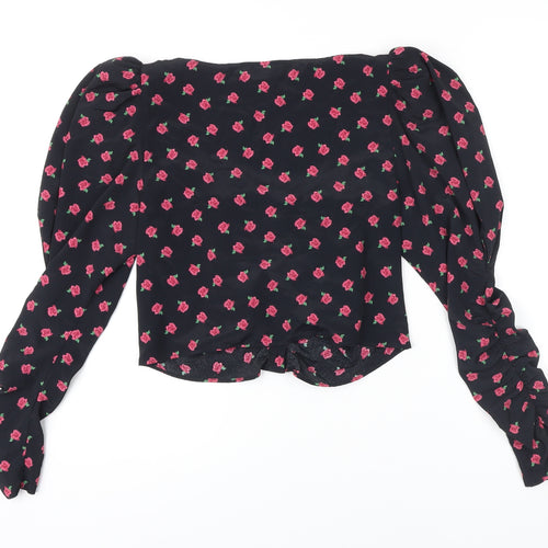 Topshop Womens Black Floral Viscose Cropped Blouse Size 10 Round Neck