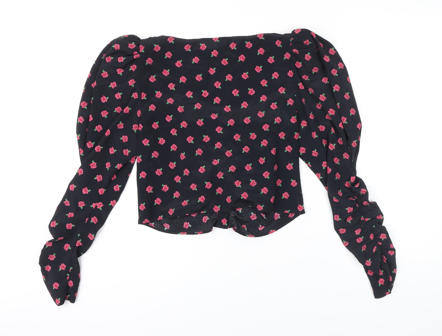 Topshop Womens Black Floral Viscose Cropped Blouse Size 10 Round Neck