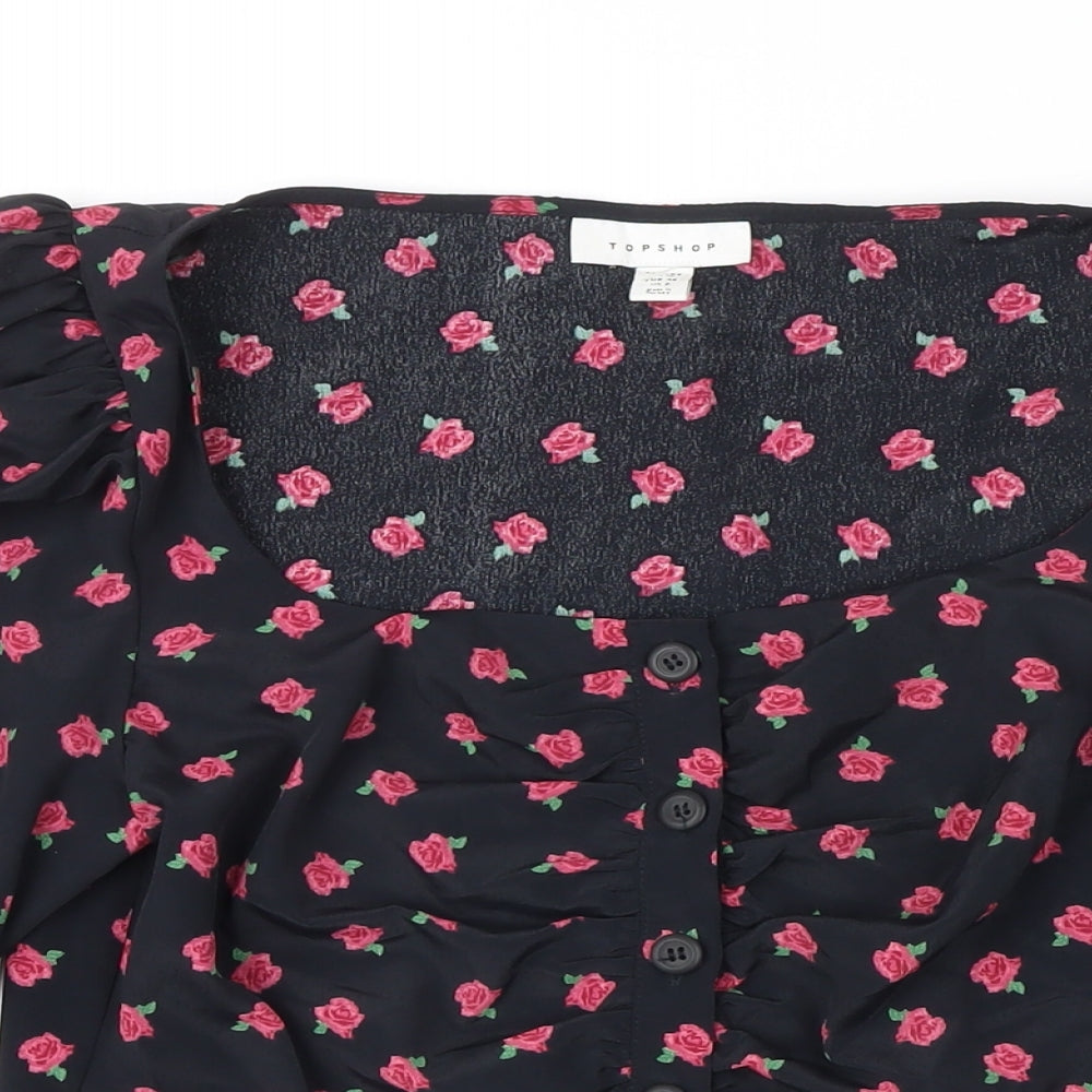 Topshop Womens Black Floral Viscose Cropped Blouse Size 10 Round Neck