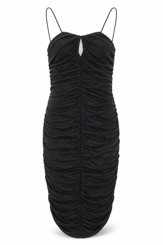 Front view of Quiz women’s black houndstooth polyester bodycon, size UK 10, v-neck