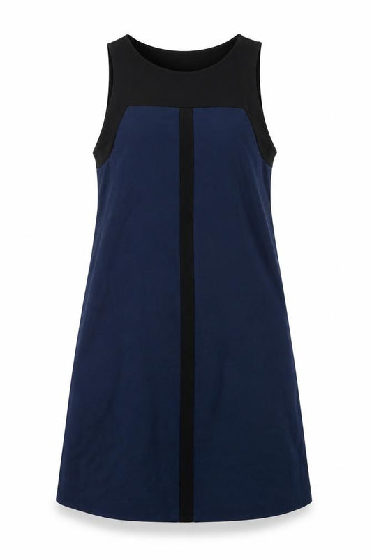 Front view of Mango women’s blue colourblock polyester pinafore/dungaree dress, size S, round neck