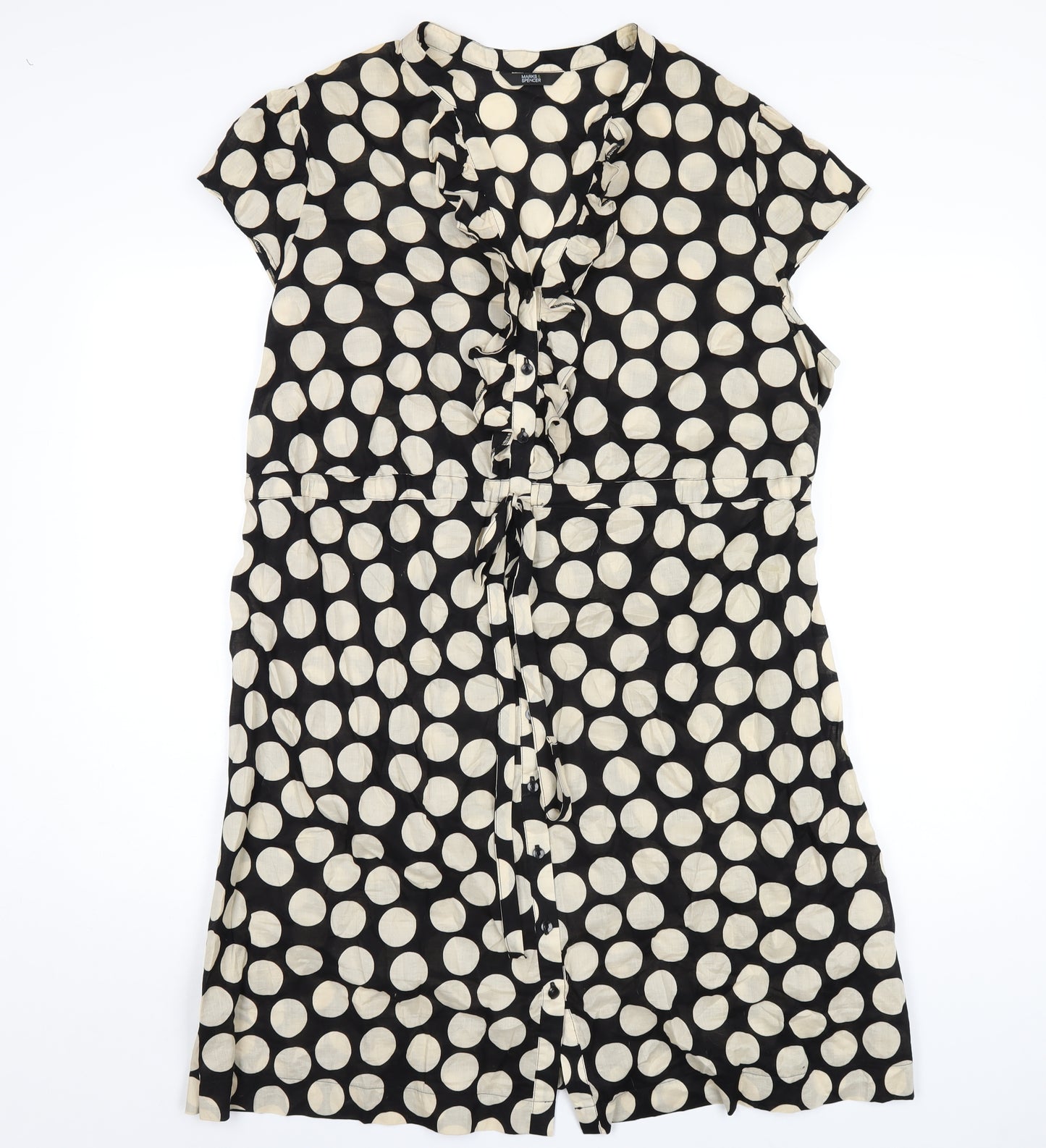 Marks and Spencer Womens Black Polka Dot Cotton A-Line Size 20 V-Neck Button