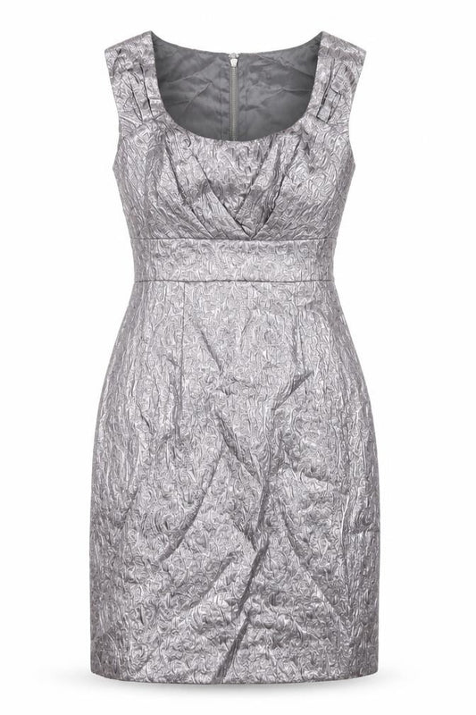 Front view of Coast women’s silver geometric acetate a-line, size UK 10, scoop neck zip