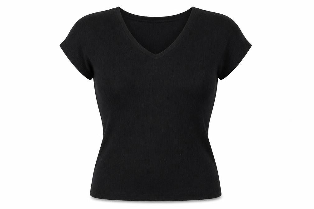 Front view of Marks & Spencer women’s black polyester basic t-shirt, size UK 14, v-neck