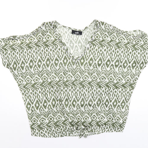Wallis Womens Green Geometric Polyester Basic T-Shirt Size S V-Neck