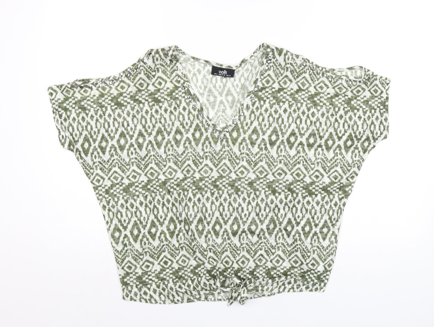 Wallis Womens Green Geometric Polyester Basic T-Shirt Size S V-Neck
