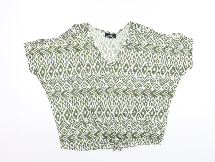 Wallis Womens Green Geometric Polyester Basic T-Shirt Size S V-Neck