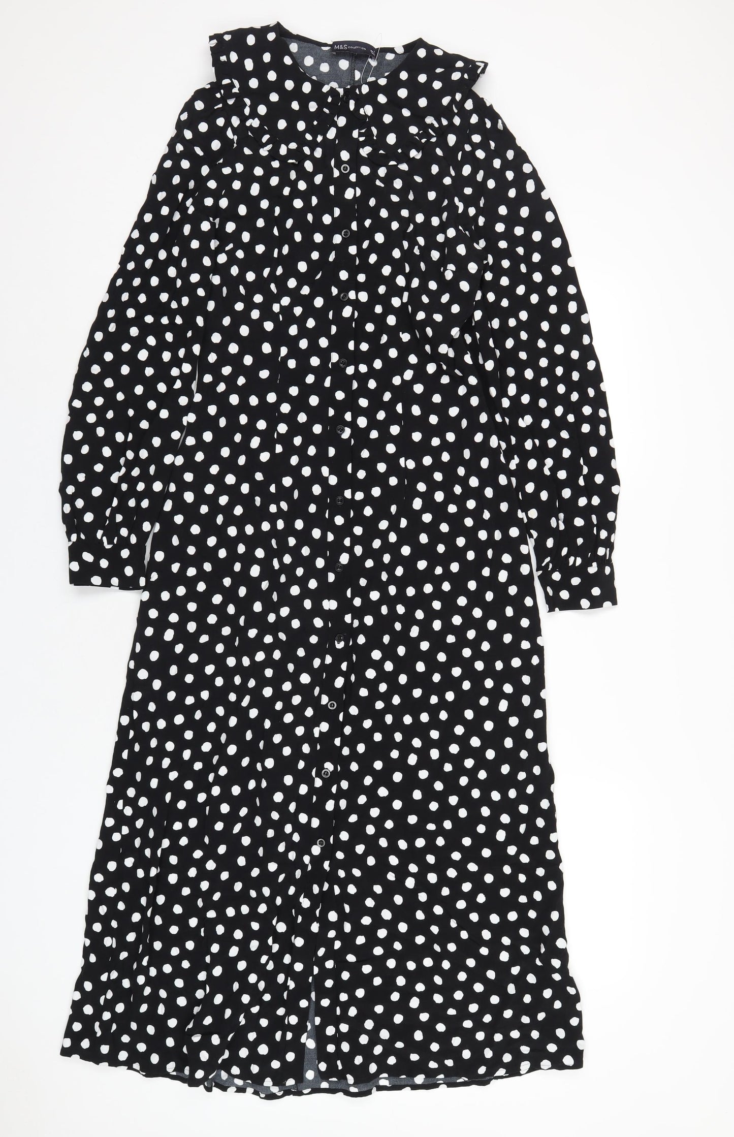 Marks and Spencer Womens Black Polka Dot Viscose A-Line Size 6 Collared Button