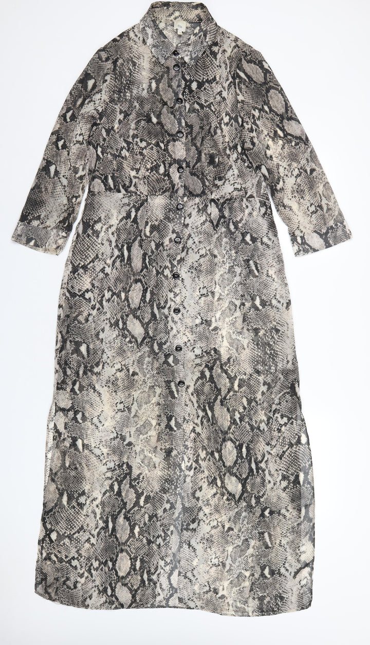 River Island Womens Grey Animal Print Polyester Shift Size 12 Collared Button