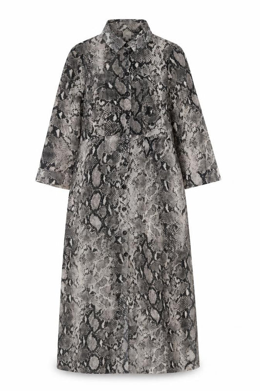 Front view of River Island women’s grey animal print polyester shift, size UK 12, collared button