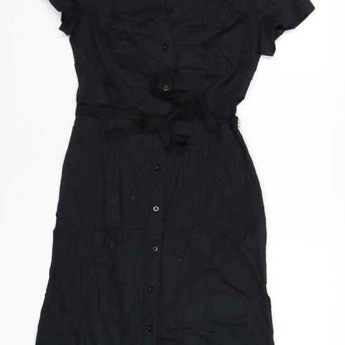 Betty Jackson Womens Black Cotton A-Line Size 10 V-Neck Button