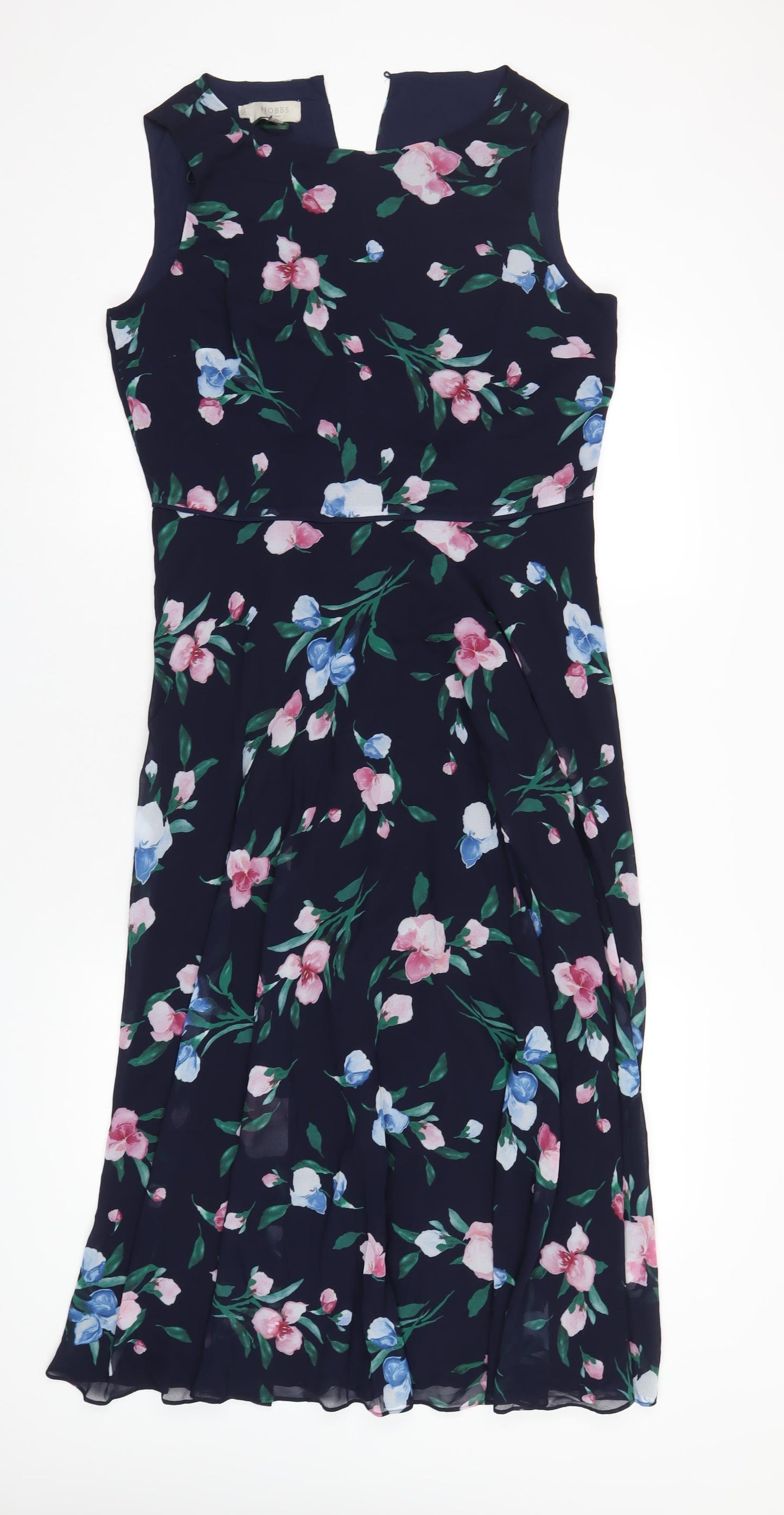 Hobbs Womens Blue Floral Polyester A-Line Size 14 Round Neck Zip