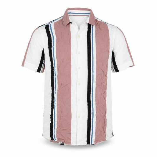 Front view of Hollister men’s multicoloured striped viscose button-up, size XS, collared button